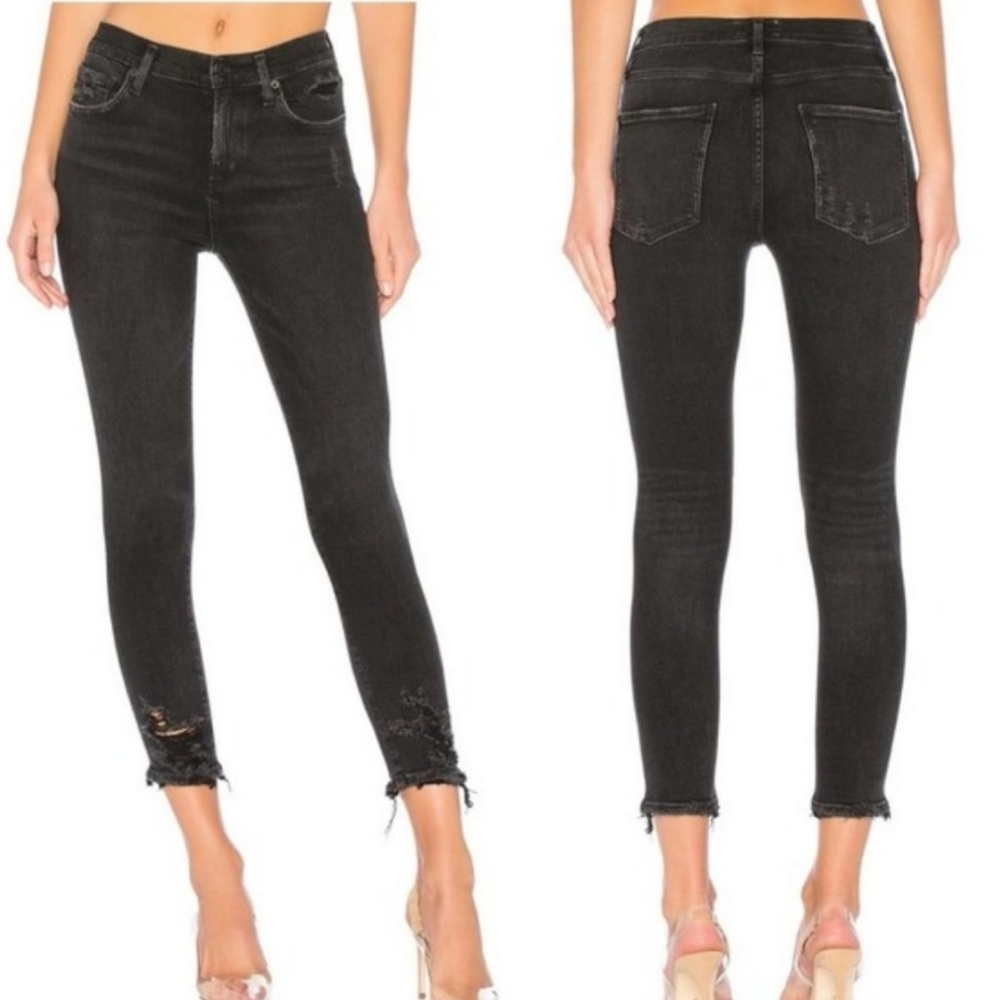 AGOLDE Sophie Mid Rise Distressed Black Skinny Crop Jeans in Temple Size 24